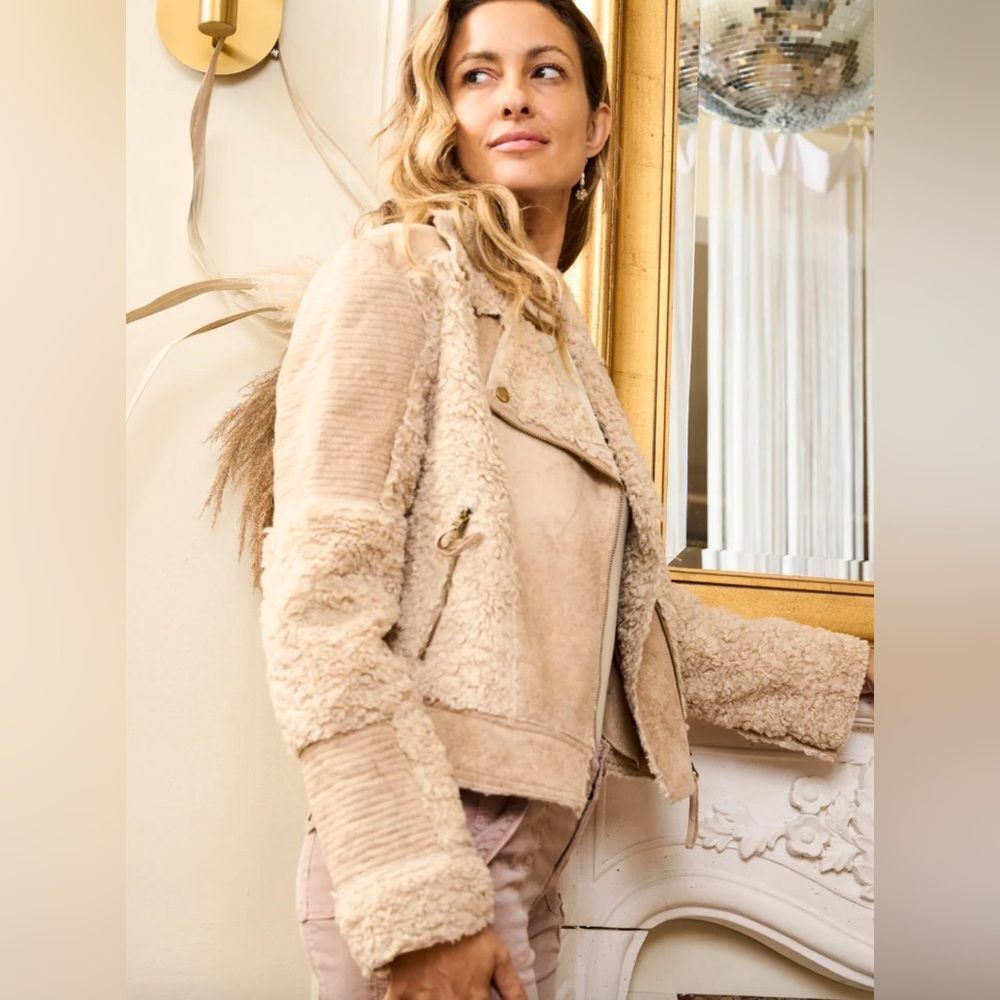 Vintage Miss Me Tan Suede Aviator Jacket Faux Shearling Collar Moto Style Small - Picture 9 of 9